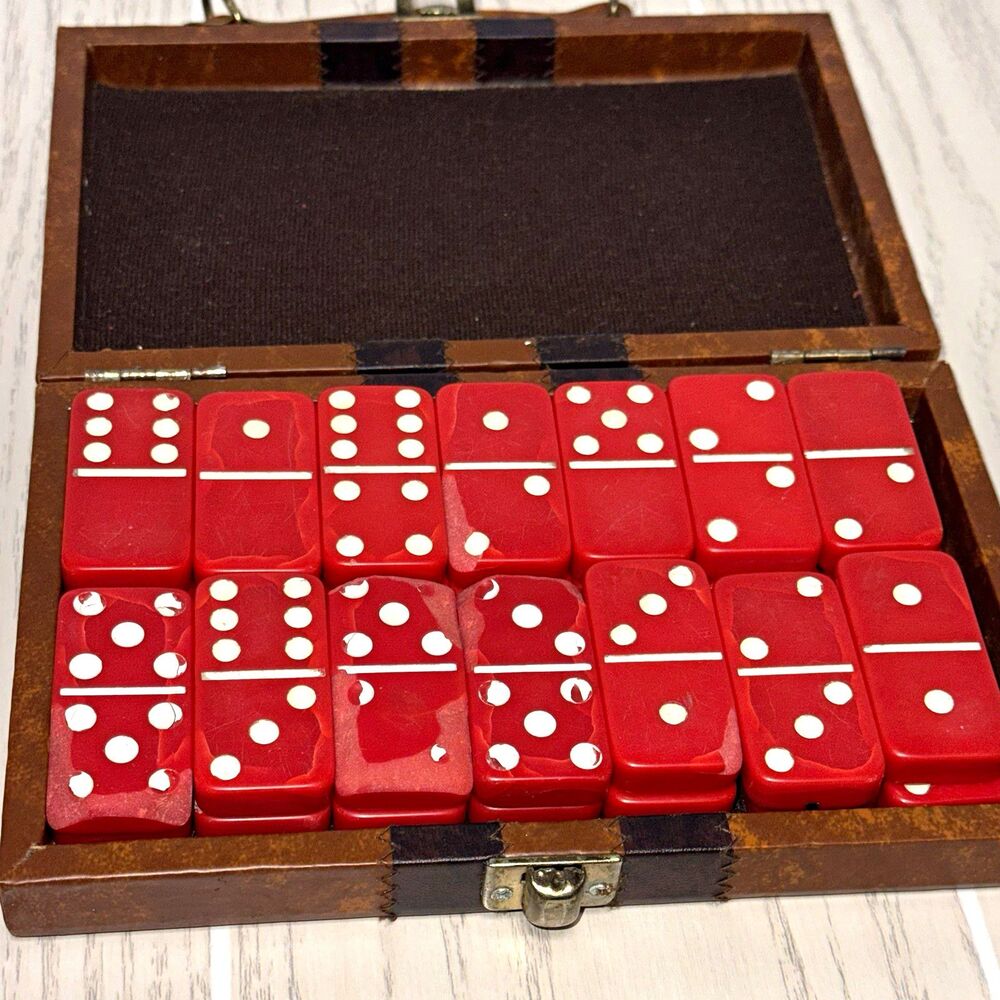 Vintage Red Dominoes Tile Game Set w/ Vinyl Wooden Case, Dot Numbered Pieces